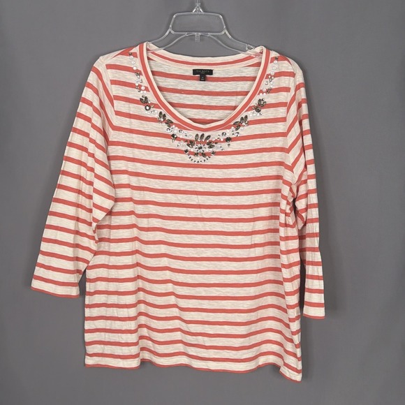 Talbots Tops - Talbots Top Women 1X Coral Stripe Beaded Neck 3/4 Sleeve Cotton Knit IN3048